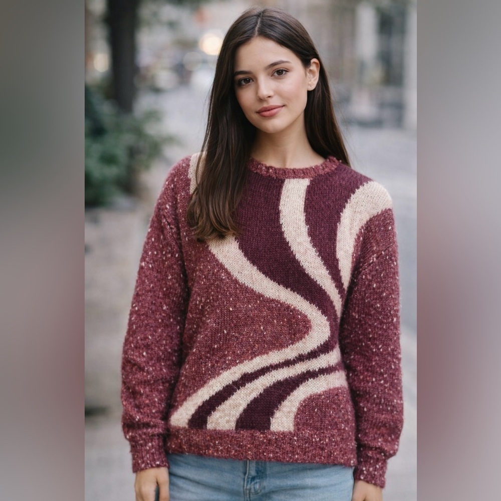 Handmade 80s Wild Abstract
Puff Sleeves Burgundy and Cream Women's Sweater